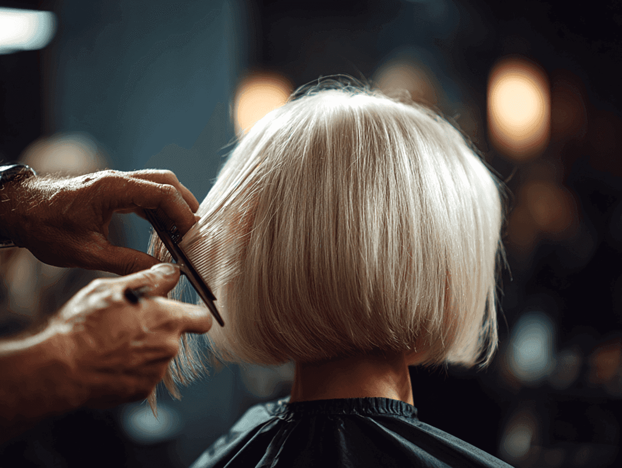Stylist cutting hair in salon, close-up on hands and flowing hair, soft lighting