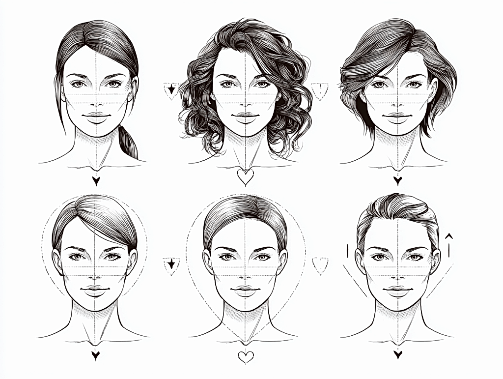 Diagram of 5 face shapes with recommended haircut styles for women