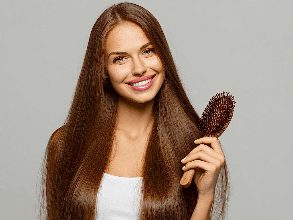 Saç bakım rutini ile sağlıklı ve parlak saçlara sahip kadın