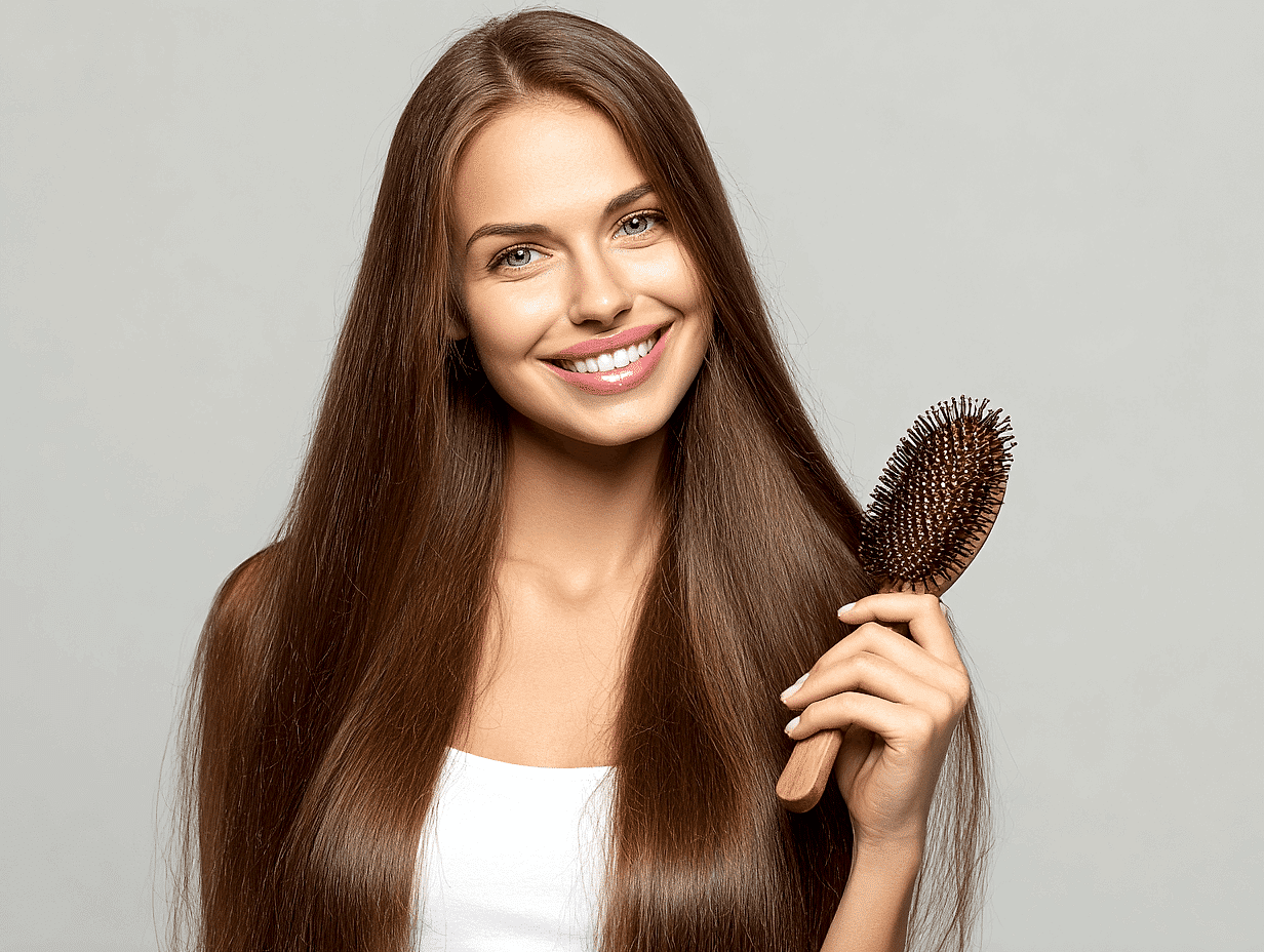 Saç bakım rutini ile sağlıklı ve parlak saçlara sahip kadın