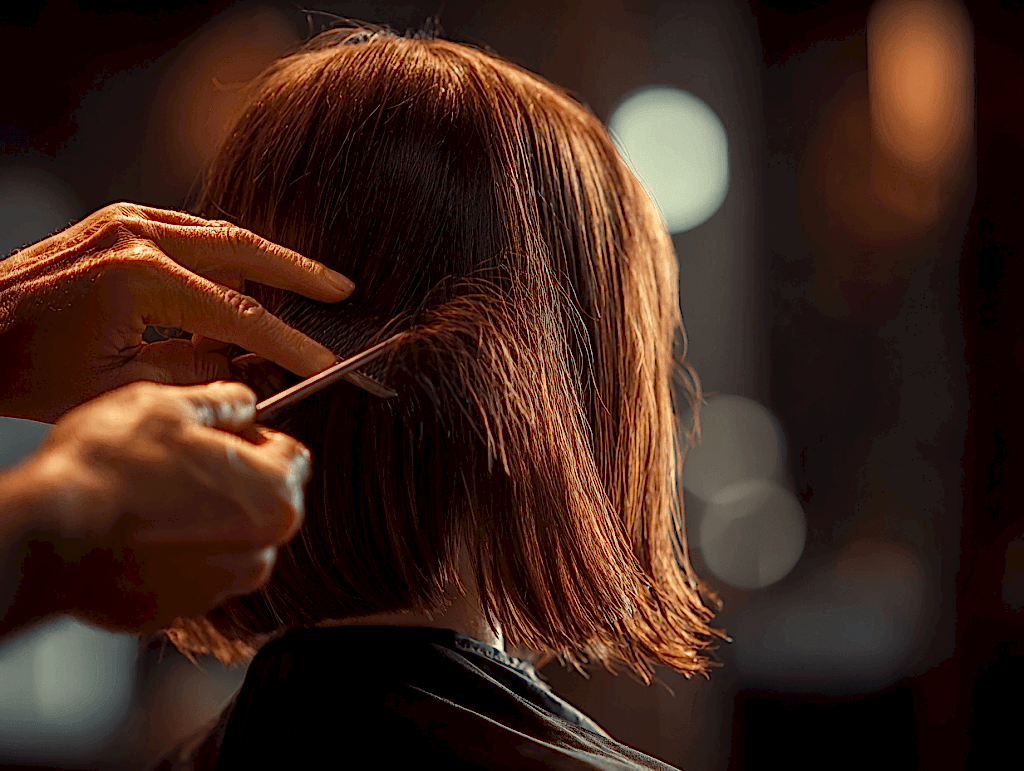 Stylist cutting hair in salon, close-up on hands and flowing hair, soft lighting