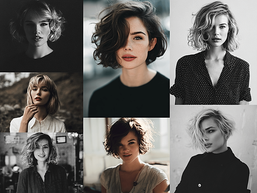Collage of trending women’s haircuts 2025 including bob, lob, pixie, shag, waves, and curls