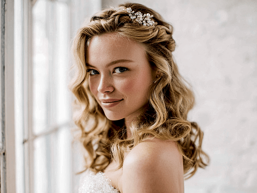 Bride with medium hair styled for wedding, elegant half-up hairstyle