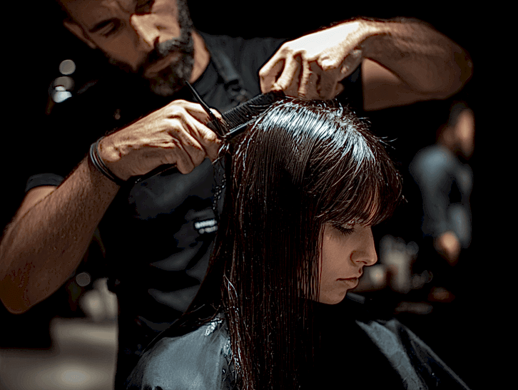 Luxury Istanbul salon haircut showing stylist shaping hair with precision and shine