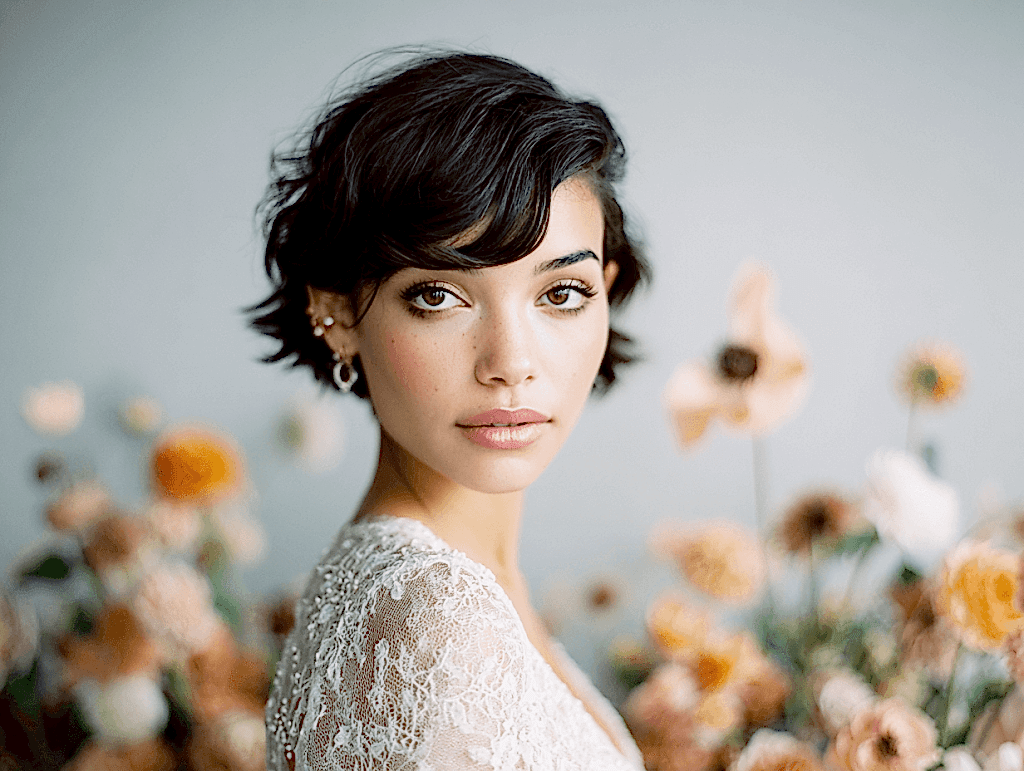 Bride with short hair styled for wedding, modern bridal hairstyle