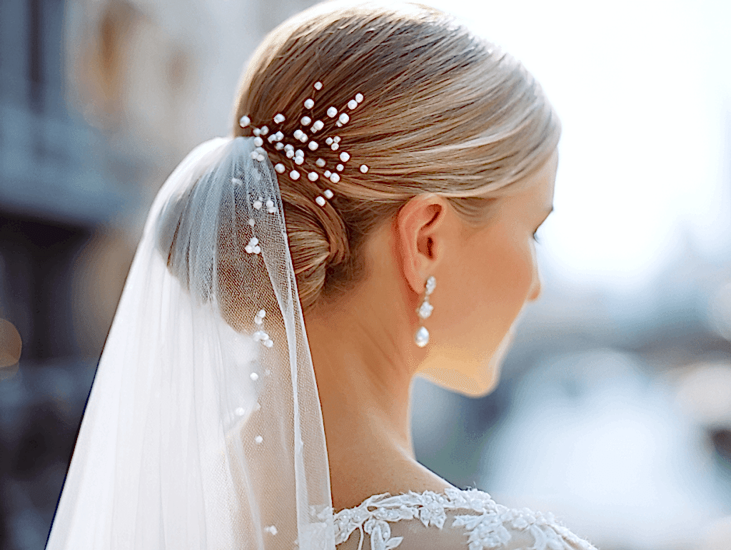 Bride with low bun wedding updo, elegant bridal hairstyle
