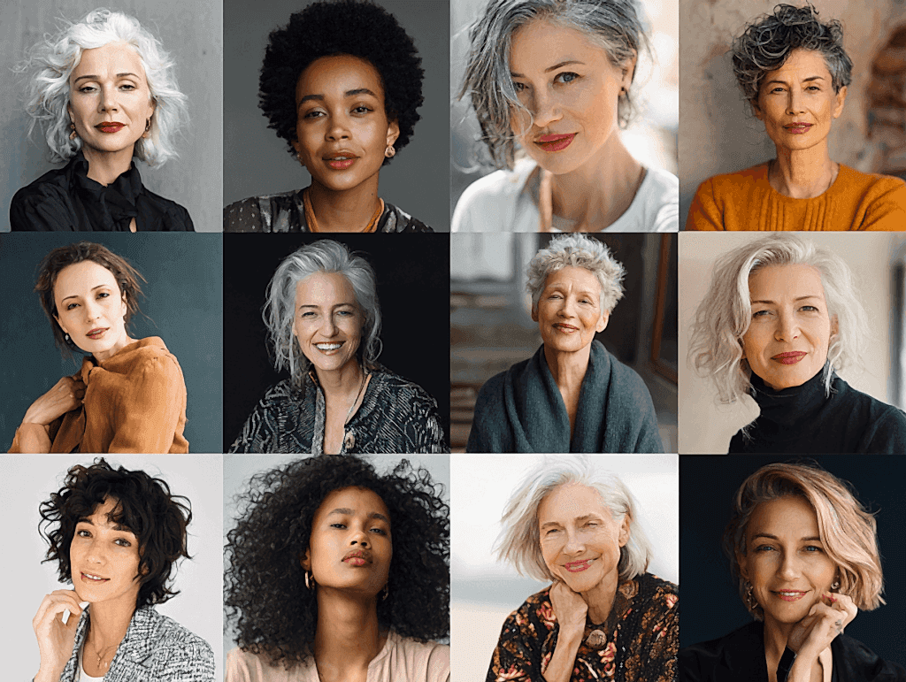 Age-specific women’s haircuts collage showing styles for 20s, 30s, 40s, 50+, and 60+