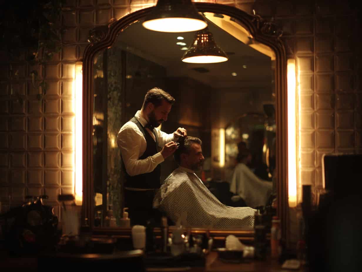 “Barber styling men’s haircut in Istanbul salon with modern warm lighting”