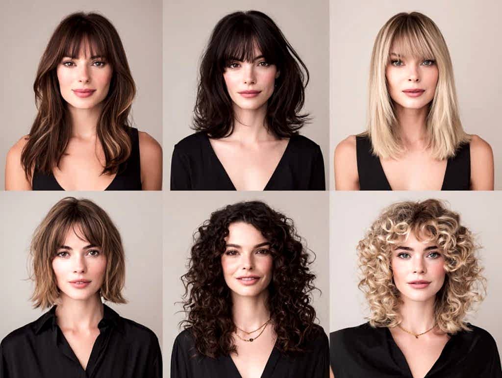 Collage of trendy bangs styles for women including curtain, blunt, wispy, and curly