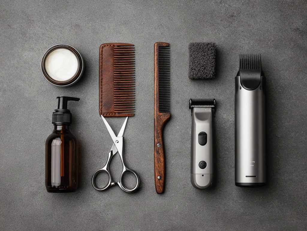 “Men’s grooming essentials for styling and maintaining haircuts at home”