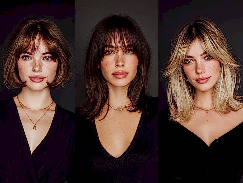 Different haircuts for women with bangs including bob, short hair, and long layered styles