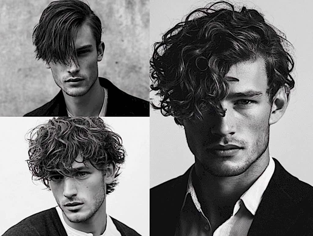 “Men’s hair types: straight, thick textured, fine layered, curly medium length collage”