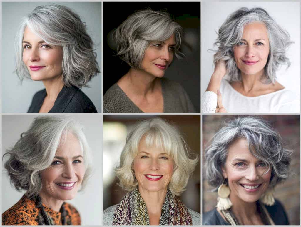 Modern hair color and texture options for women over 50, gray blending, highlights