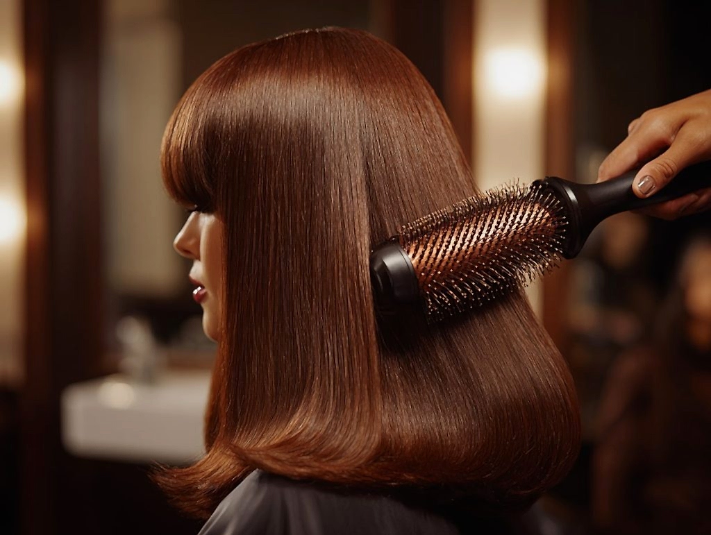 Hairstylist blow-drying curtain bangs using a round brush