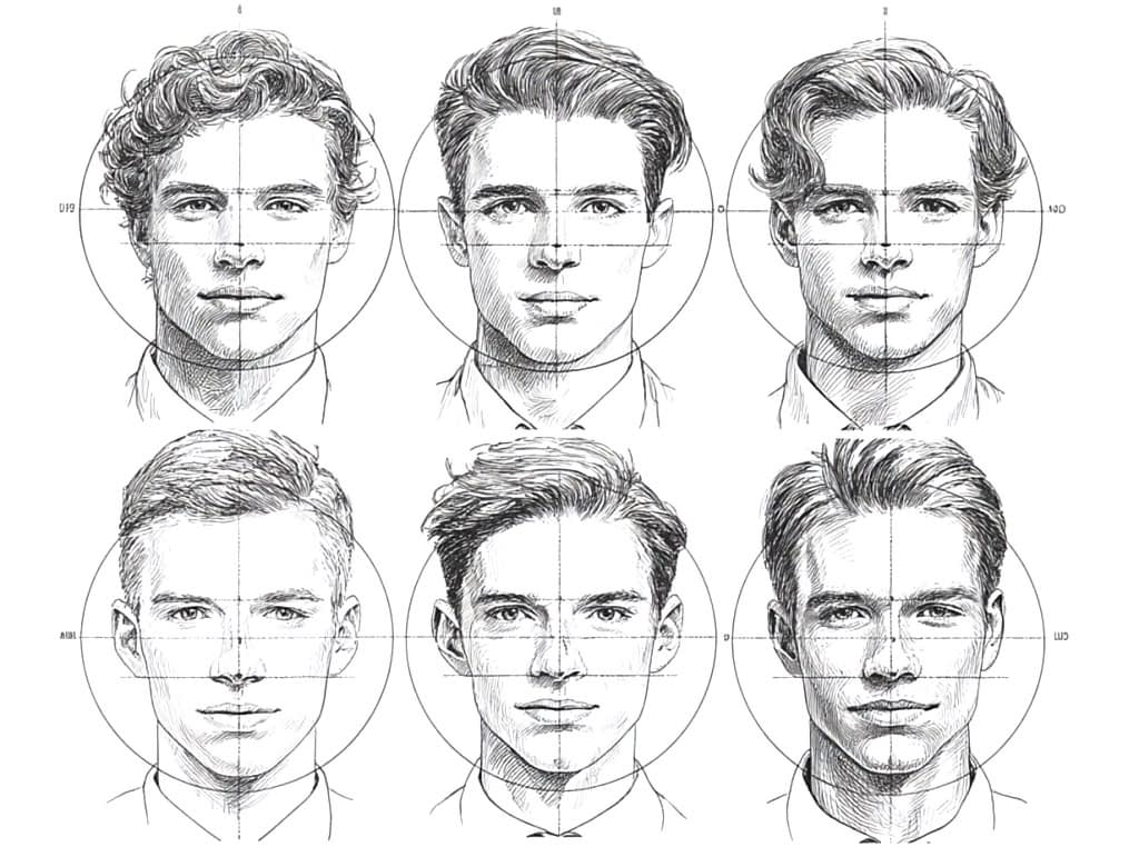“Diagram of 5 male face shapes with recommended haircuts”