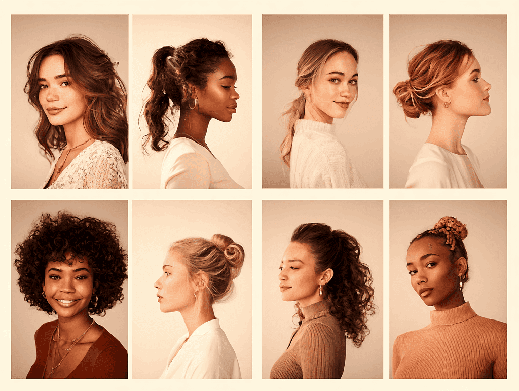 “Everyday long hair styles for women 2025 collage showing half-up, ponytail, bun, braid, top knot”