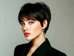 Modern ve şık kısa saç modeline sahip kadın, stüdyo ortamında