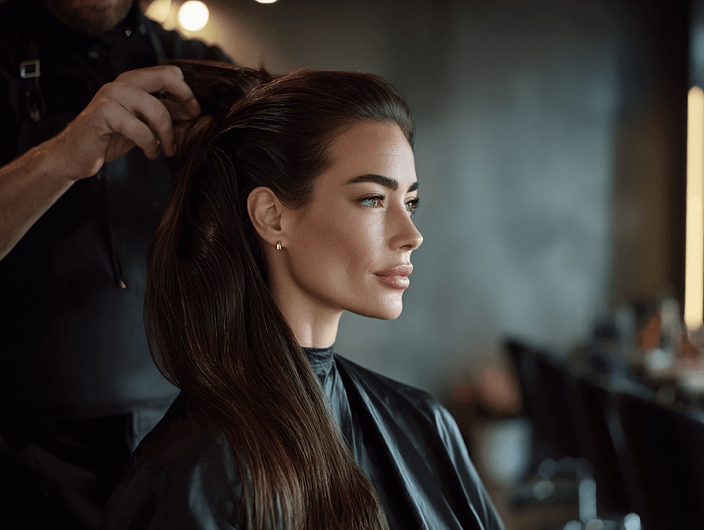 “Luxury long hair styling for women 2025 by professional stylist in Istanbul”