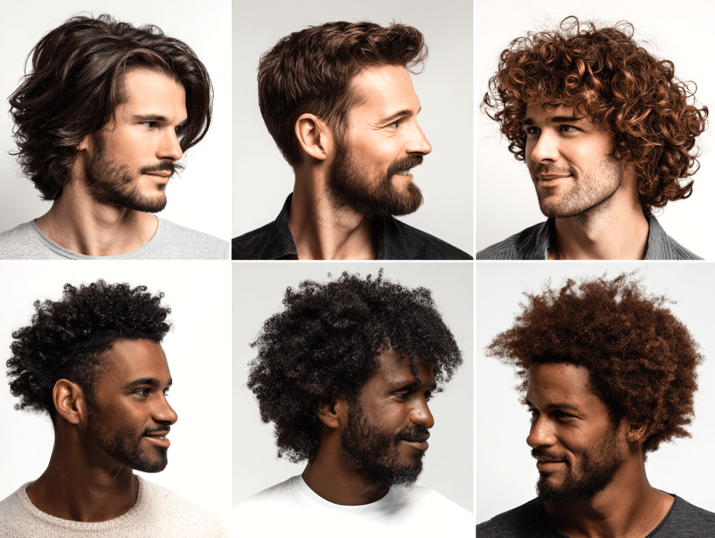 “Best long hair mens haircuts by hair type 2025 collage featuring straight, wavy, curly, coily hair”