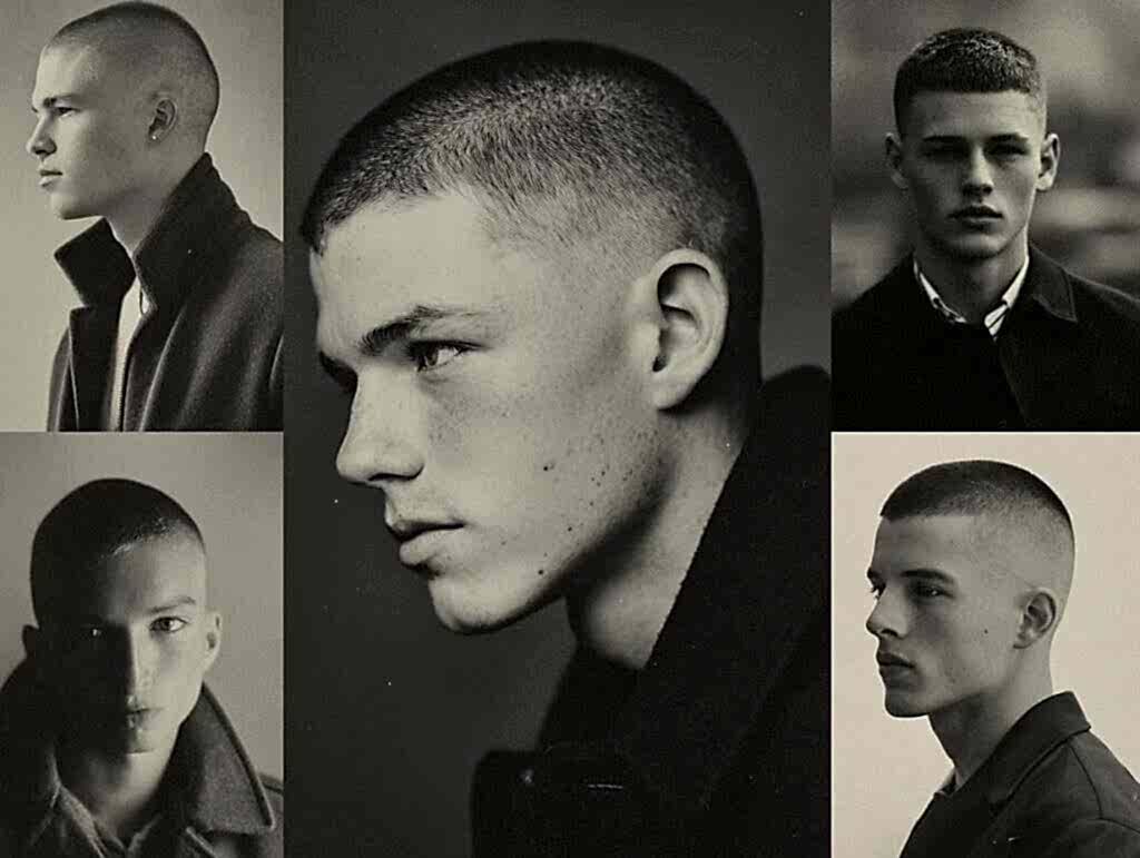“Classic short men’s haircuts 2025 collage featuring buzz cut, crew cut, Ivy League”