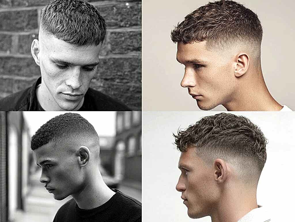 “Best short haircuts for men 2025 collage featuring buzz cut, crew cut, short fade, textured crop”