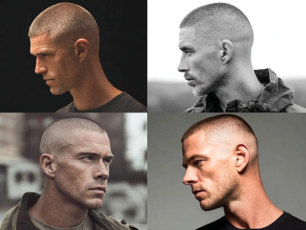 “Low-maintenance short haircuts for men 2025 collage featuring buzz cut, crew cut, butch cut fade”