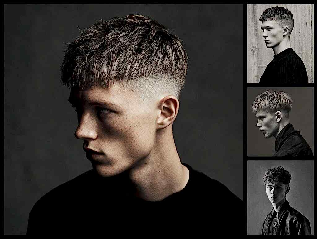 “Trendy short men’s hairstyles 2025 collage featuring fade, textured crop, French crop”