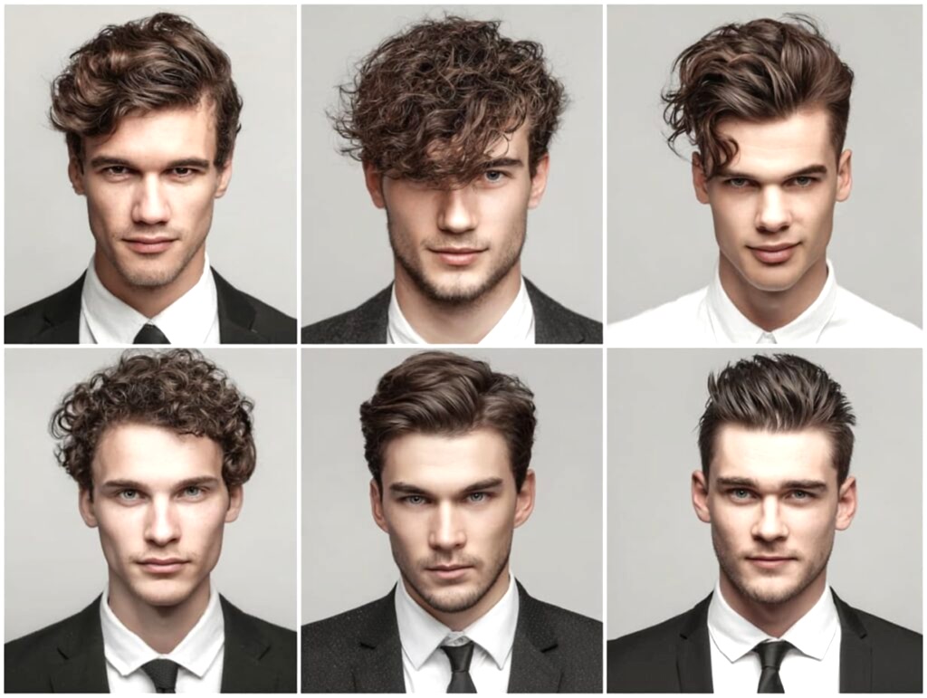 “Best short haircuts for men by face shape 2025 collage showing round, oval, square, rectangular, heart and diamond faces”